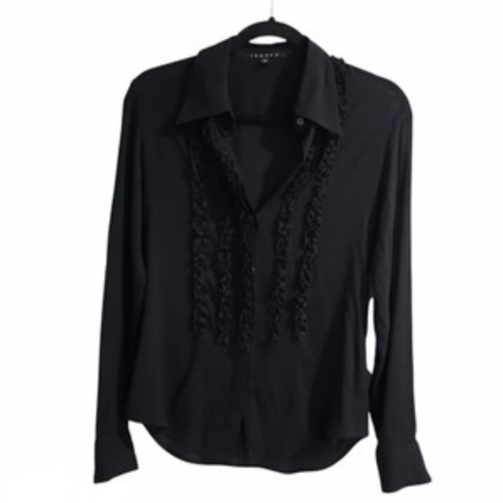 Theory long sleeve ruffled front silk and linen blend sheer top size Medium